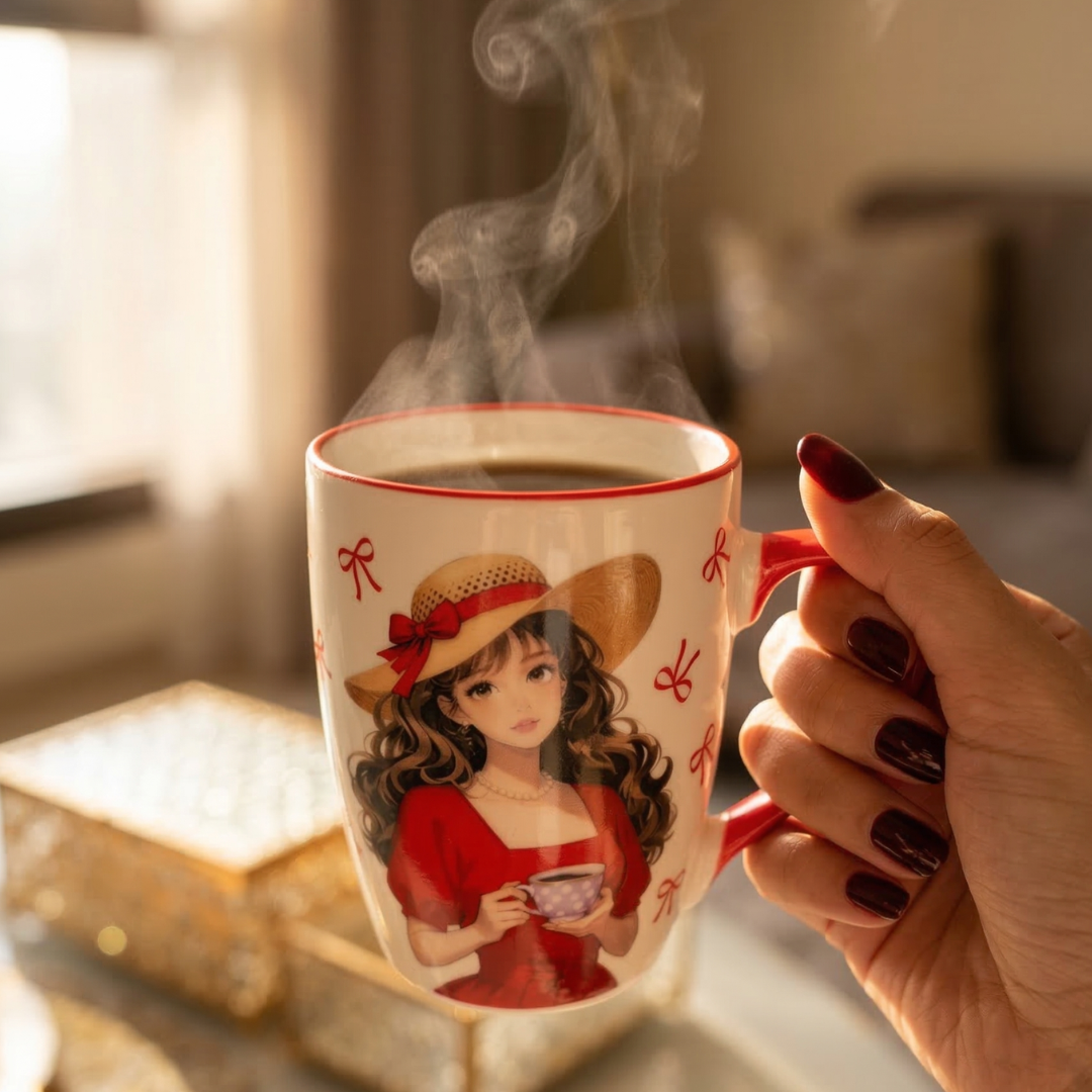 Stylish Girl Ceramic Coffee Mug – Red Handle Aesthetic Cup - Gifteila