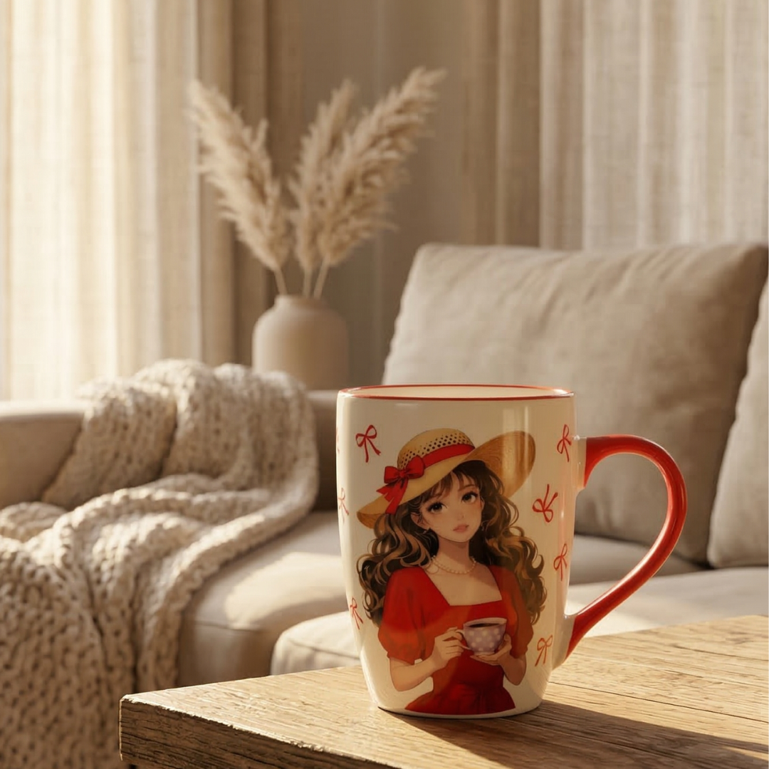 Stylish Girl Ceramic Coffee Mug – Red Handle Aesthetic Cup - Gifteila