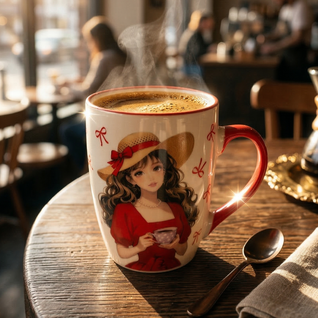 Stylish Girl Ceramic Coffee Mug – Red Handle Aesthetic Cup - Gifteila