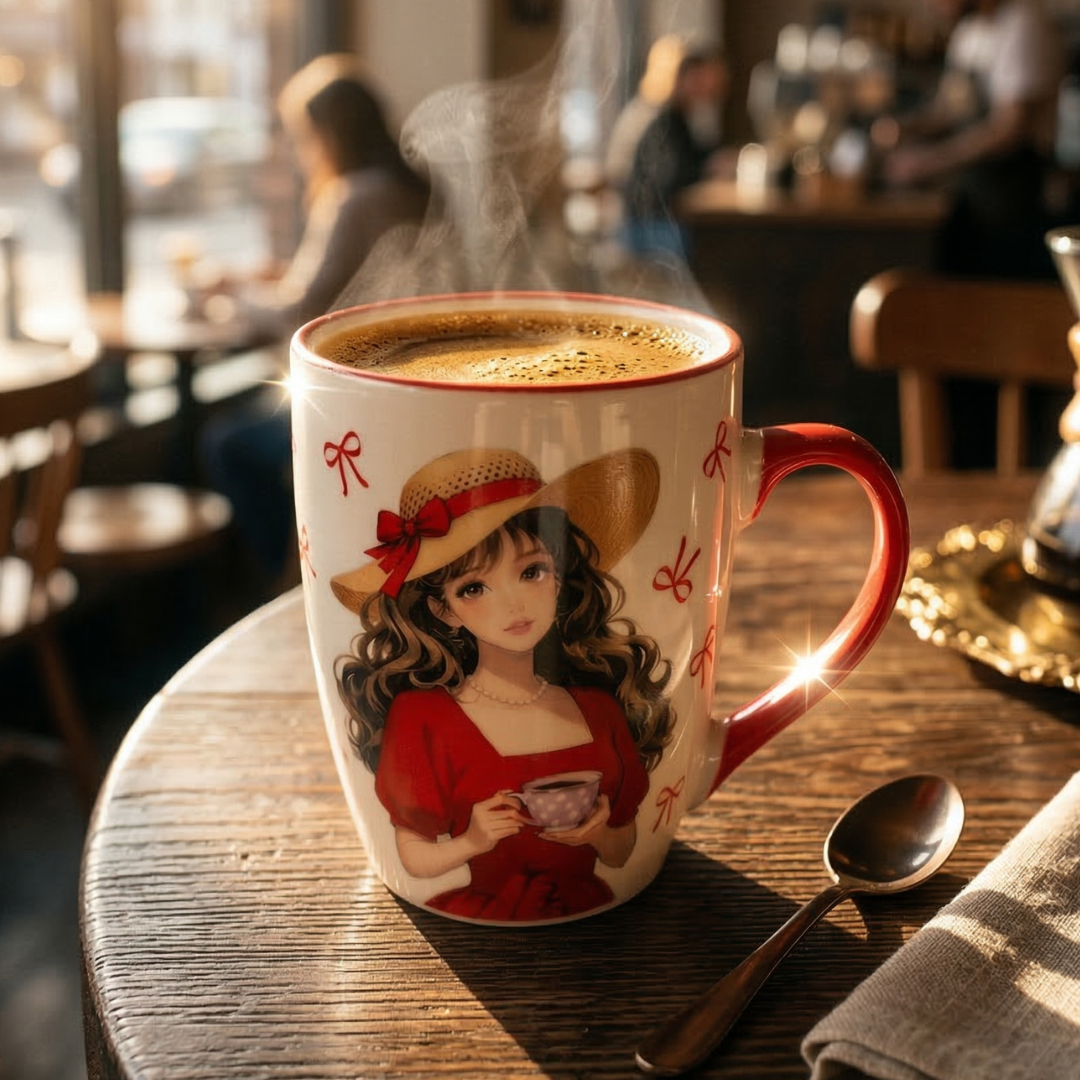 Stylish Girl Ceramic Coffee Mug – Red Handle Aesthetic Cup - Gifteila