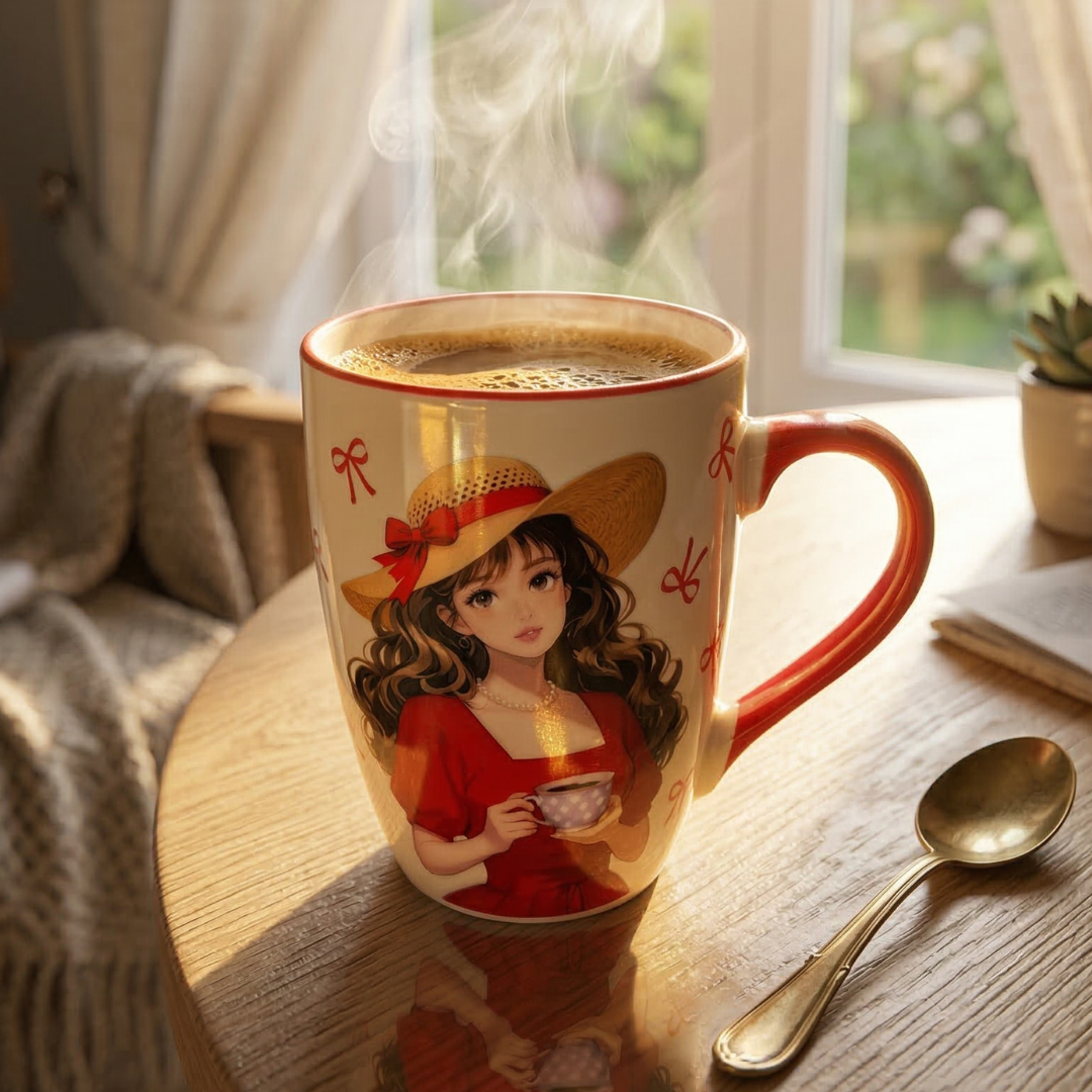 Stylish Girl Ceramic Coffee Mug – Red Handle Aesthetic Cup - Gifteila