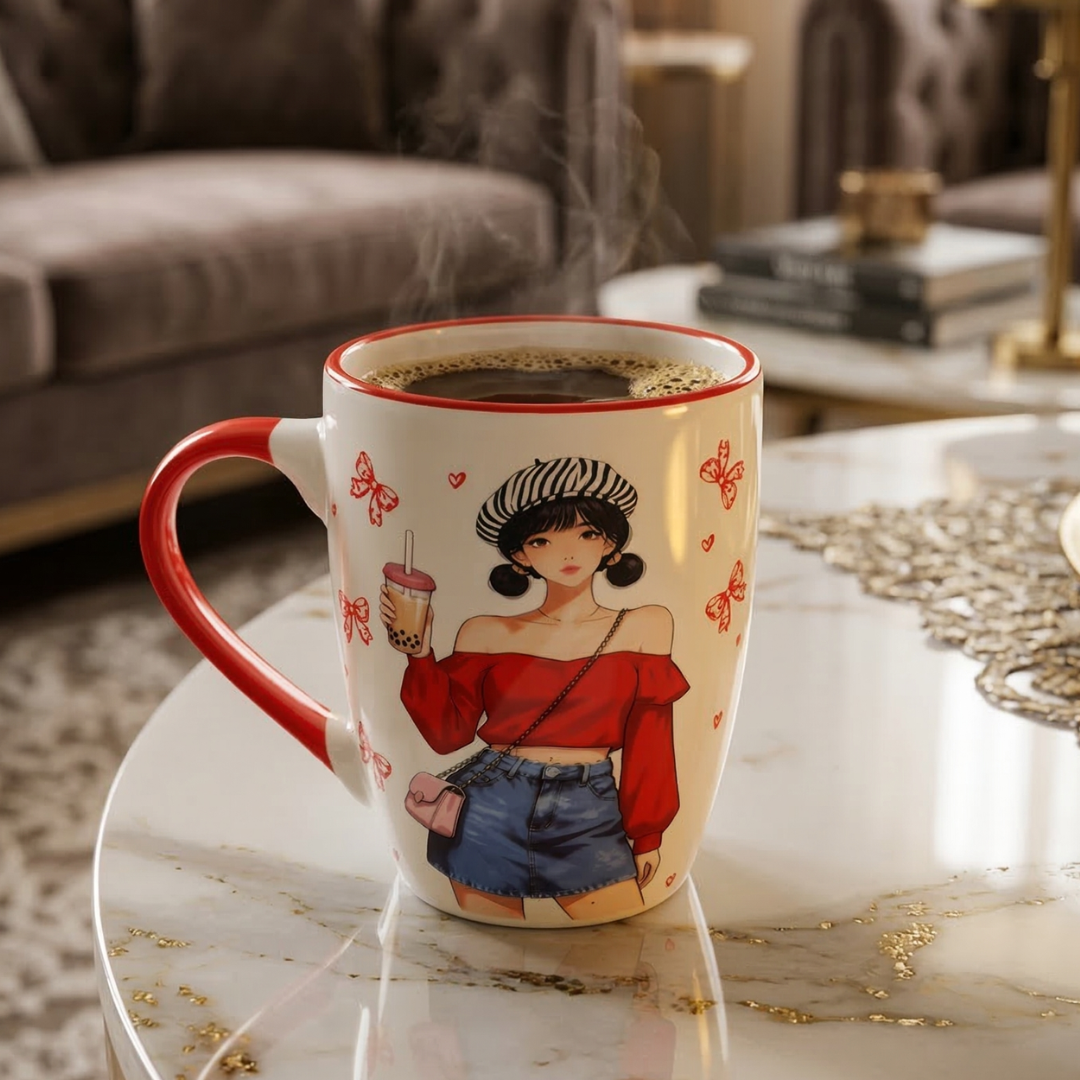 Stylish Girl with Bubble Tea Ceramic Coffee Mug – Red Handle Cup with Hearts and Butterfly Design - Gifteila