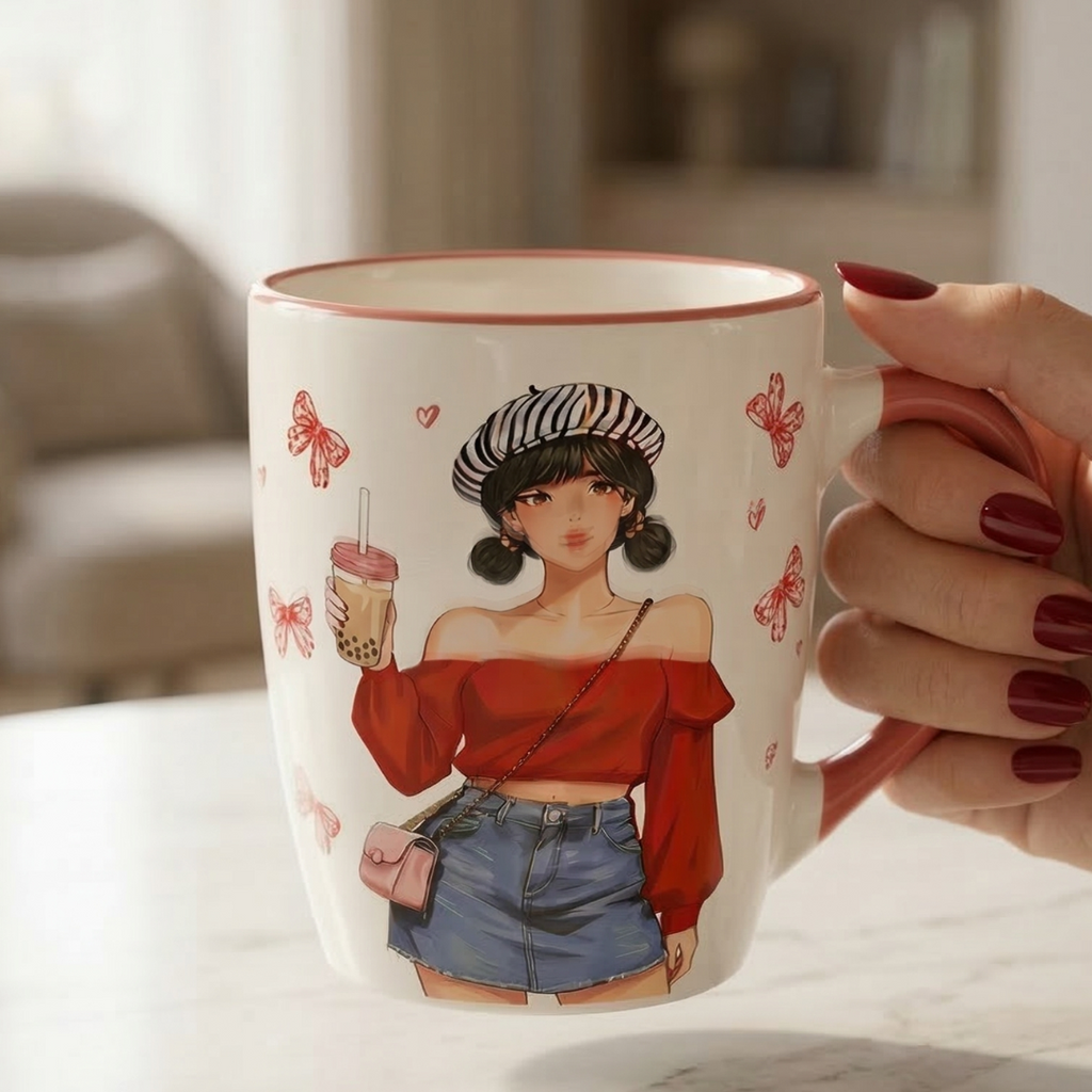 Stylish Girl with Bubble Tea Ceramic Coffee Mug – Red Handle Cup with Hearts and Butterfly Design - Gifteila