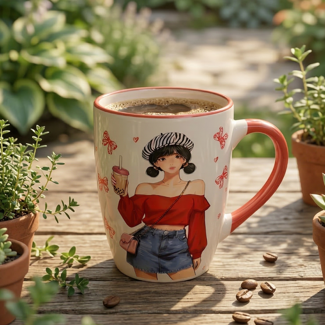 Stylish Girl with Bubble Tea Ceramic Coffee Mug – Red Handle Cup with Hearts and Butterfly Design - Gifteila