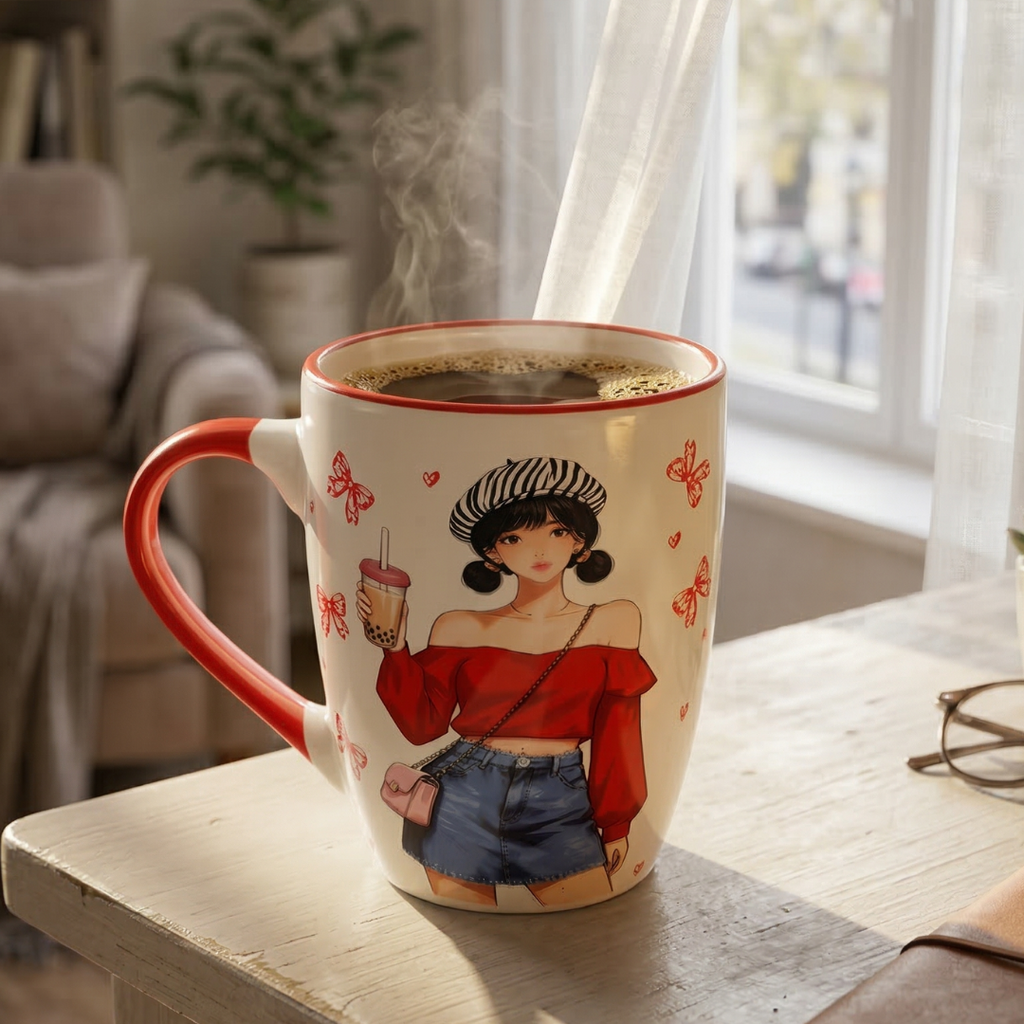 Stylish Girl with Bubble Tea Ceramic Coffee Mug – Red Handle Cup with Hearts and Butterfly Design - Gifteila