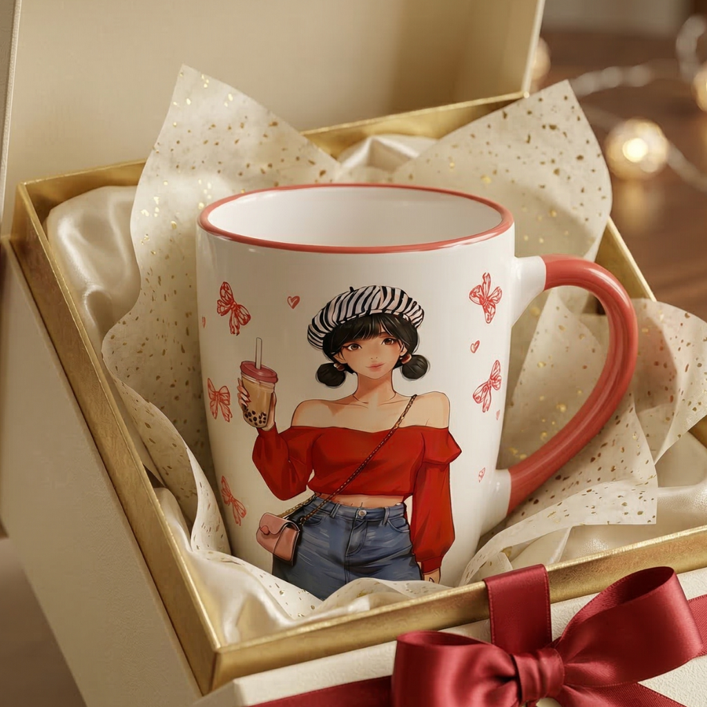 Stylish Girl with Bubble Tea Ceramic Coffee Mug – Red Handle Cup with Hearts and Butterfly Design - Gifteila