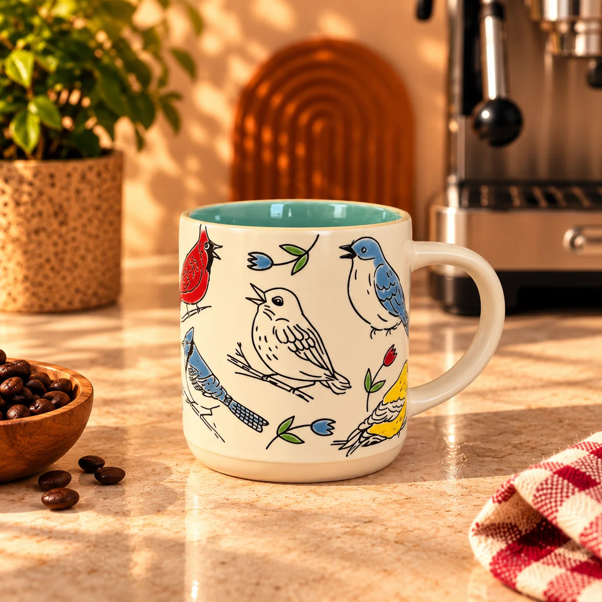 Songbirds & Flowers Mug – Cream with Teal Interior, 400ml – view 3