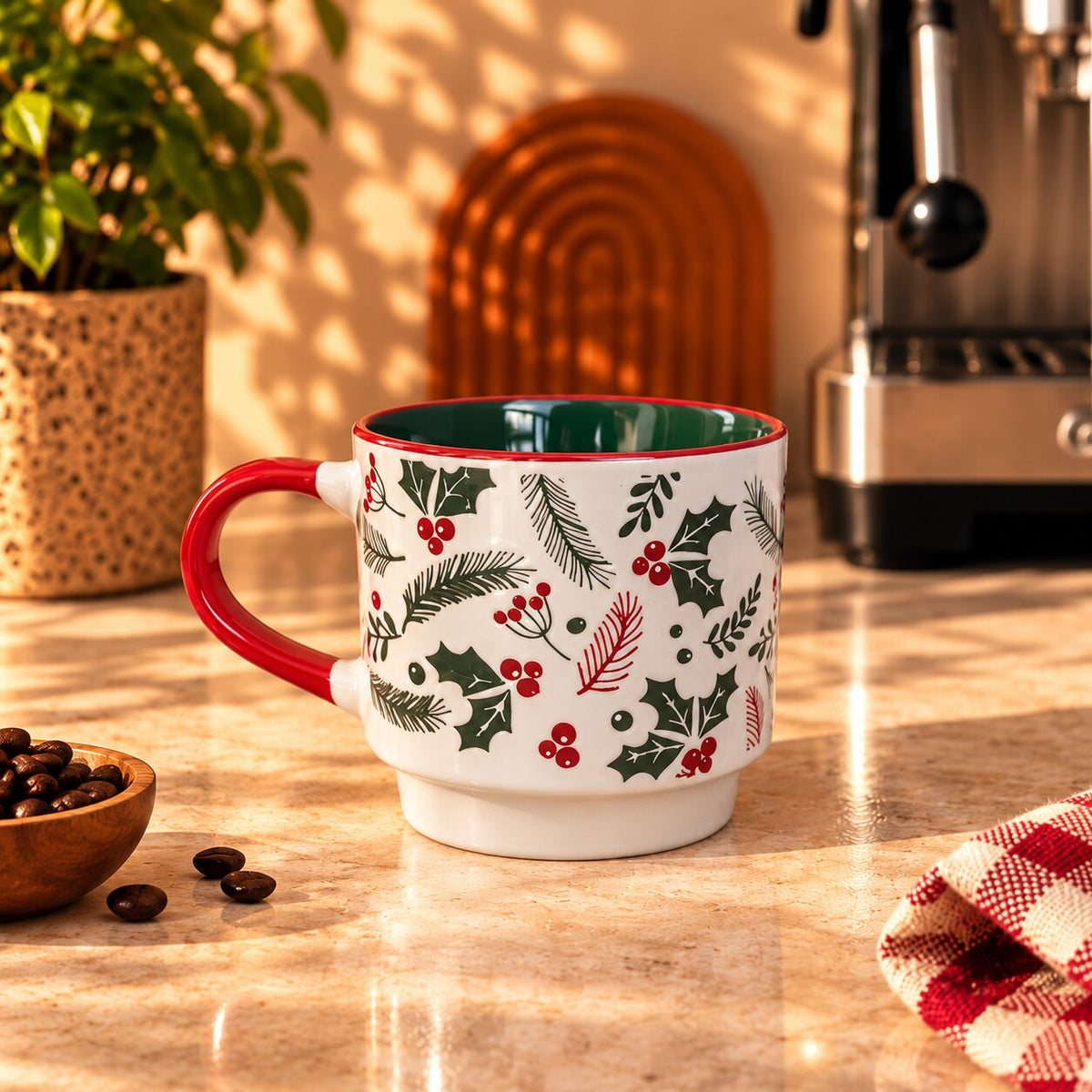 Christmas Holly & Berries Mug, White with Red Handle, 350ml by Gifteila