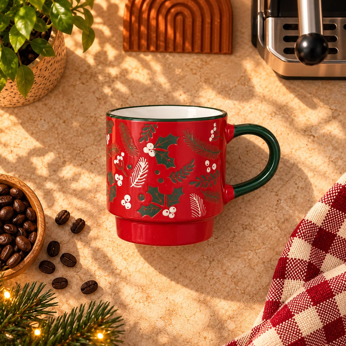 Christmas Holly & Berries Mug – Red with Green Handle, 350ml