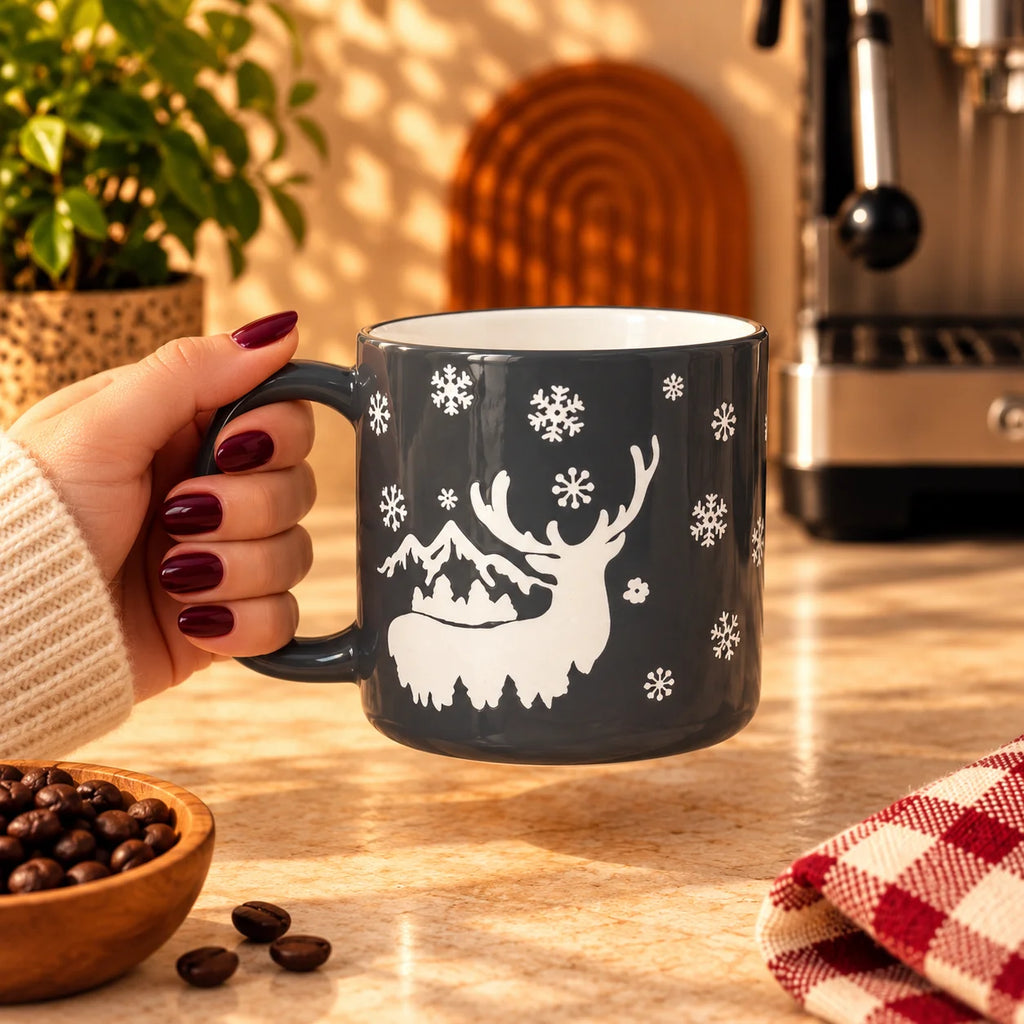 Winter Reindeer Mug, Charcoal Grey & White, 350ml – view 4