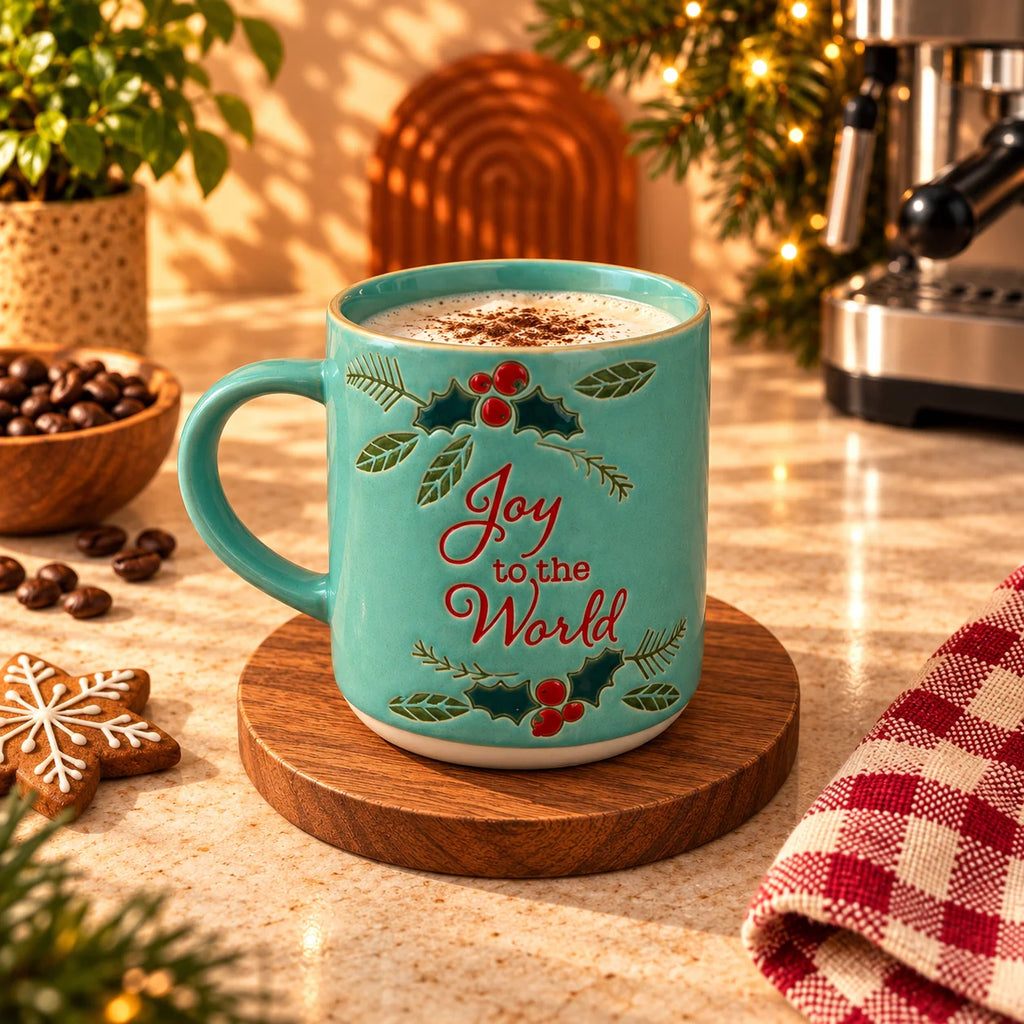 Joy to the World Christmas Mug – Teal with Holly & Berries, 400ml – view 3