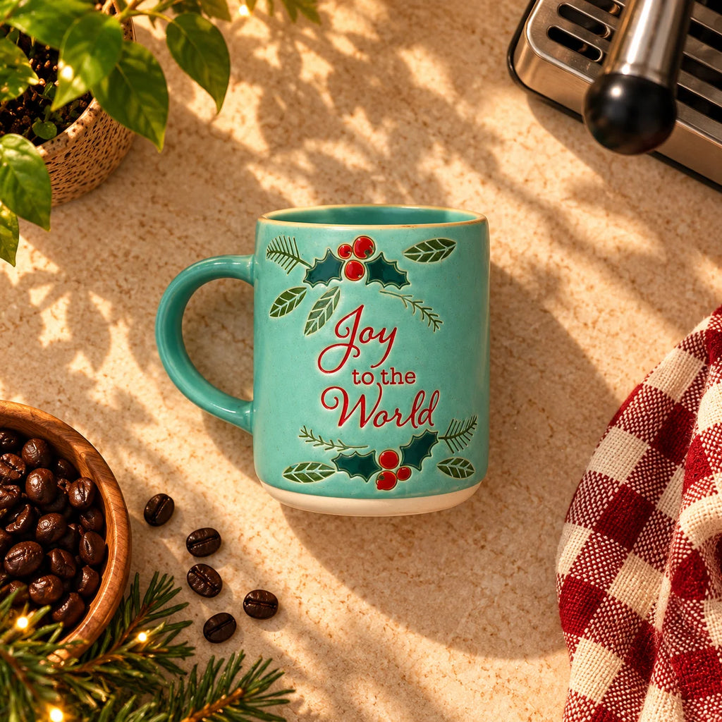 Joy to the World Christmas Mug – Teal with Holly & Berries, 400ml – view 4