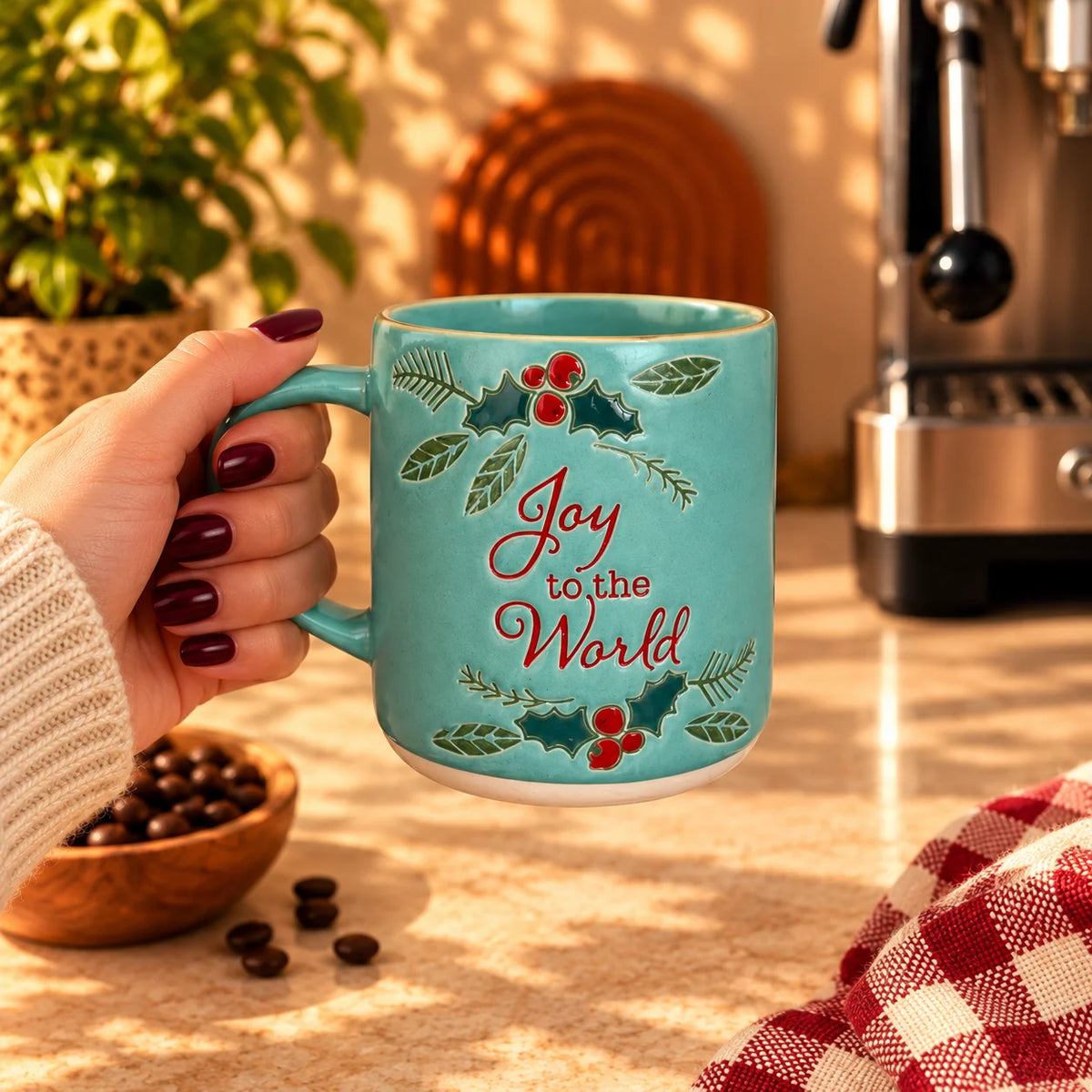 Joy to the World Christmas Mug – Teal with Holly & Berries, 400ml – view 2