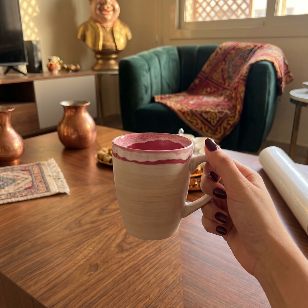 The Artisan Rim Mug (350ml) – Textured Beige & Dusty Rose