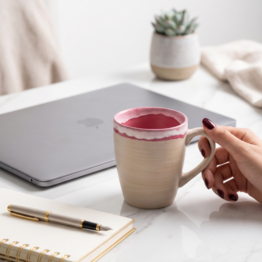 The Artisan Rim Mug (350ml) – Textured Beige & Dusty Rose
