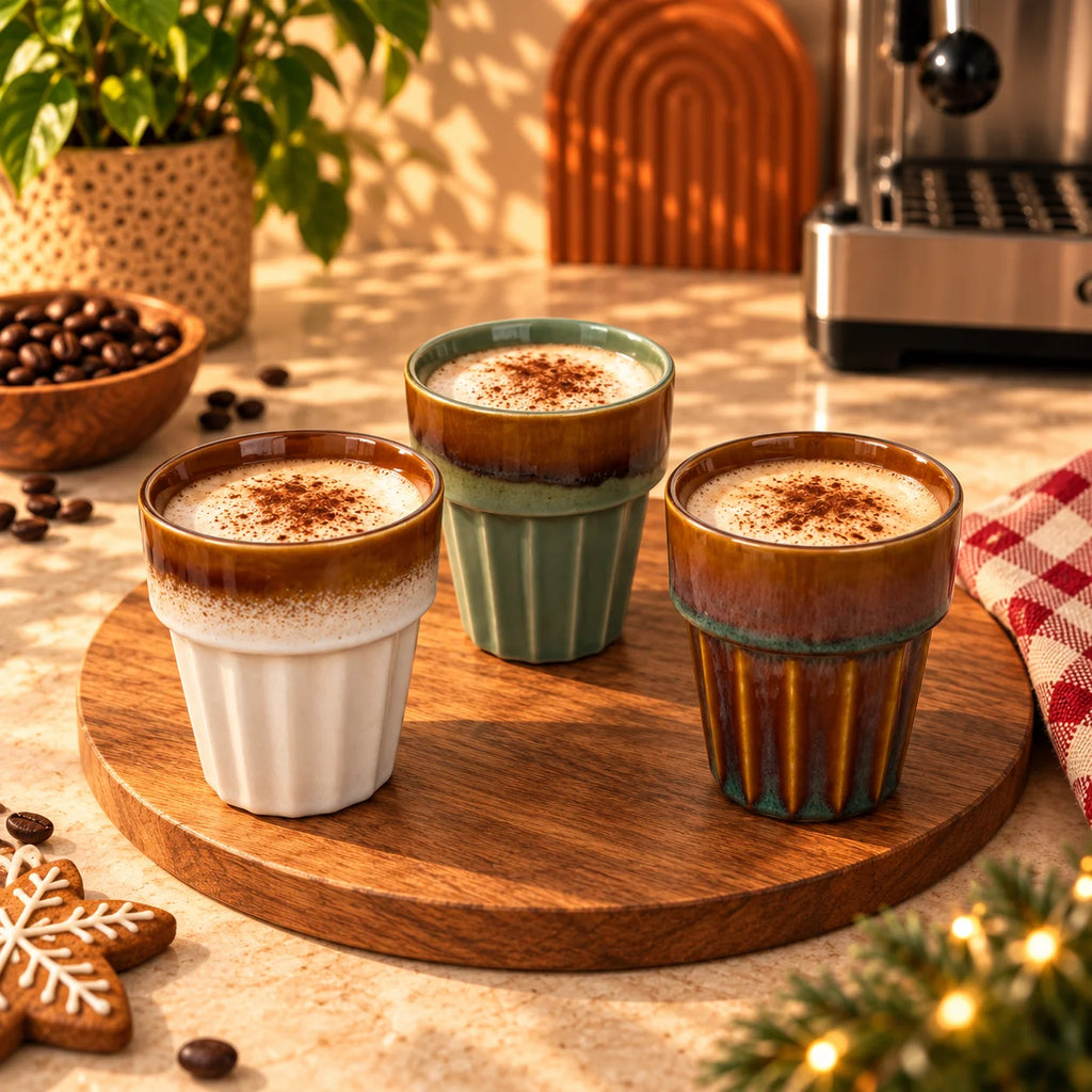Fluted Ceramic Coffee Cups Set of 3 – Cream, Sage Green & Amber, 200ml – view 2
