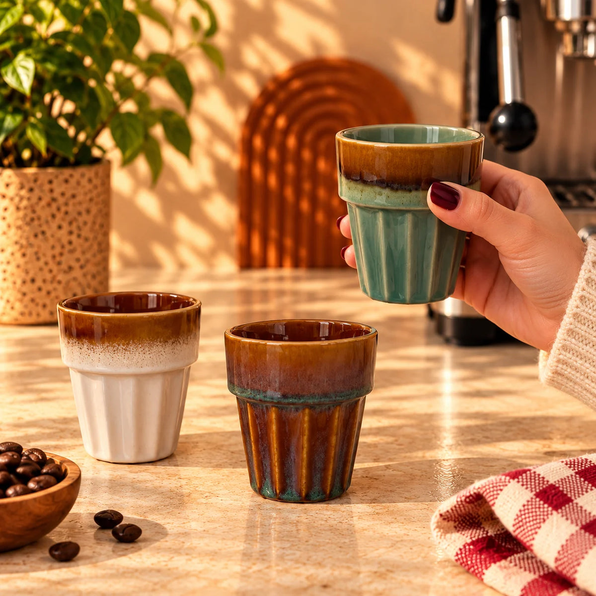 Fluted Ceramic Coffee Cups Set of 3 – Cream, Sage Green & Amber, 200ml – view 3