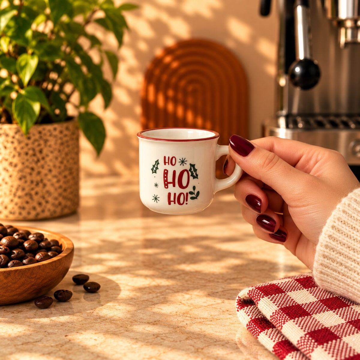 Ho Ho Ho Christmas Espresso Cup – Cream with Red Rim, 120ml by Gifteila