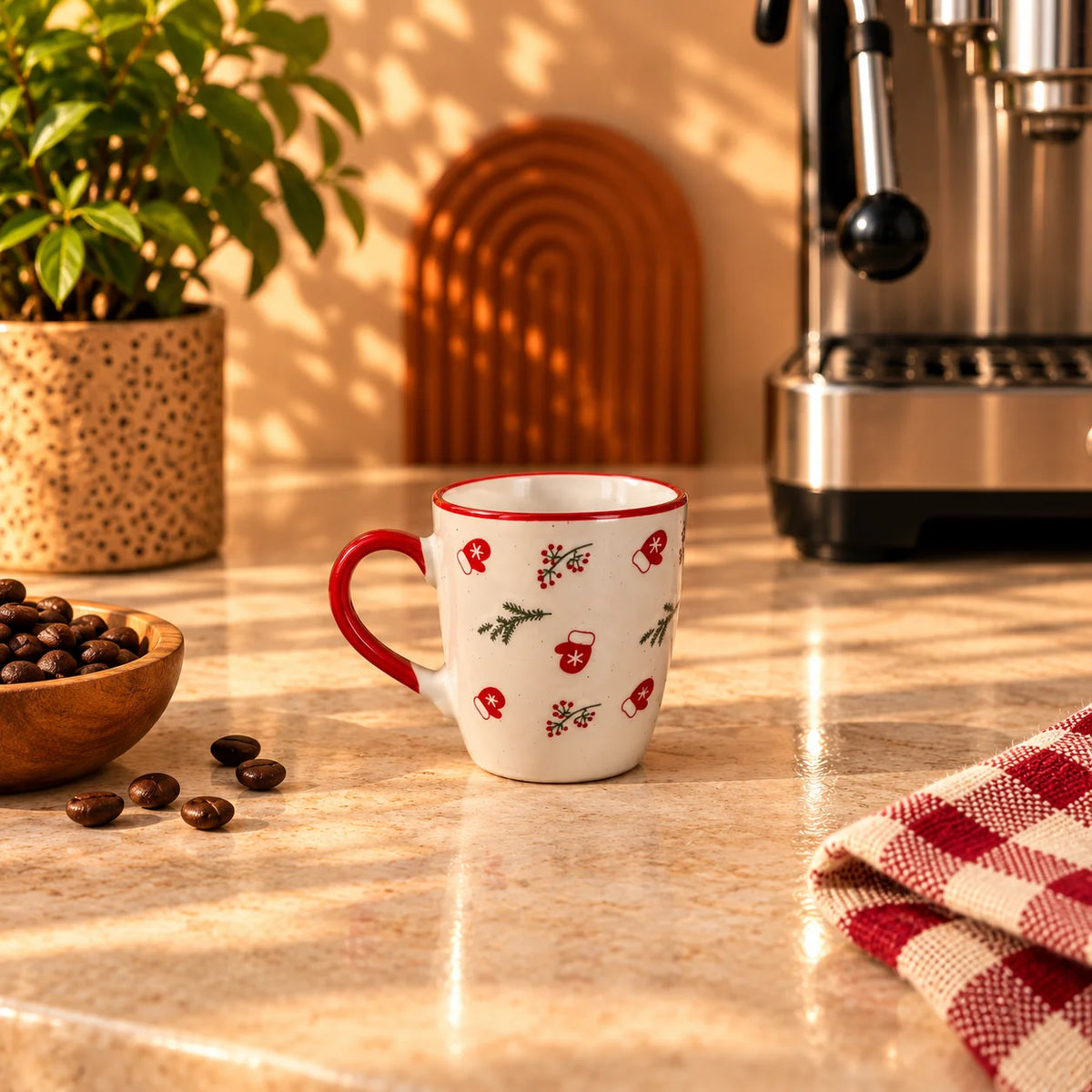 Christmas Mittens & Berries Cup – Cream with Red Handle, 150ml – view 2