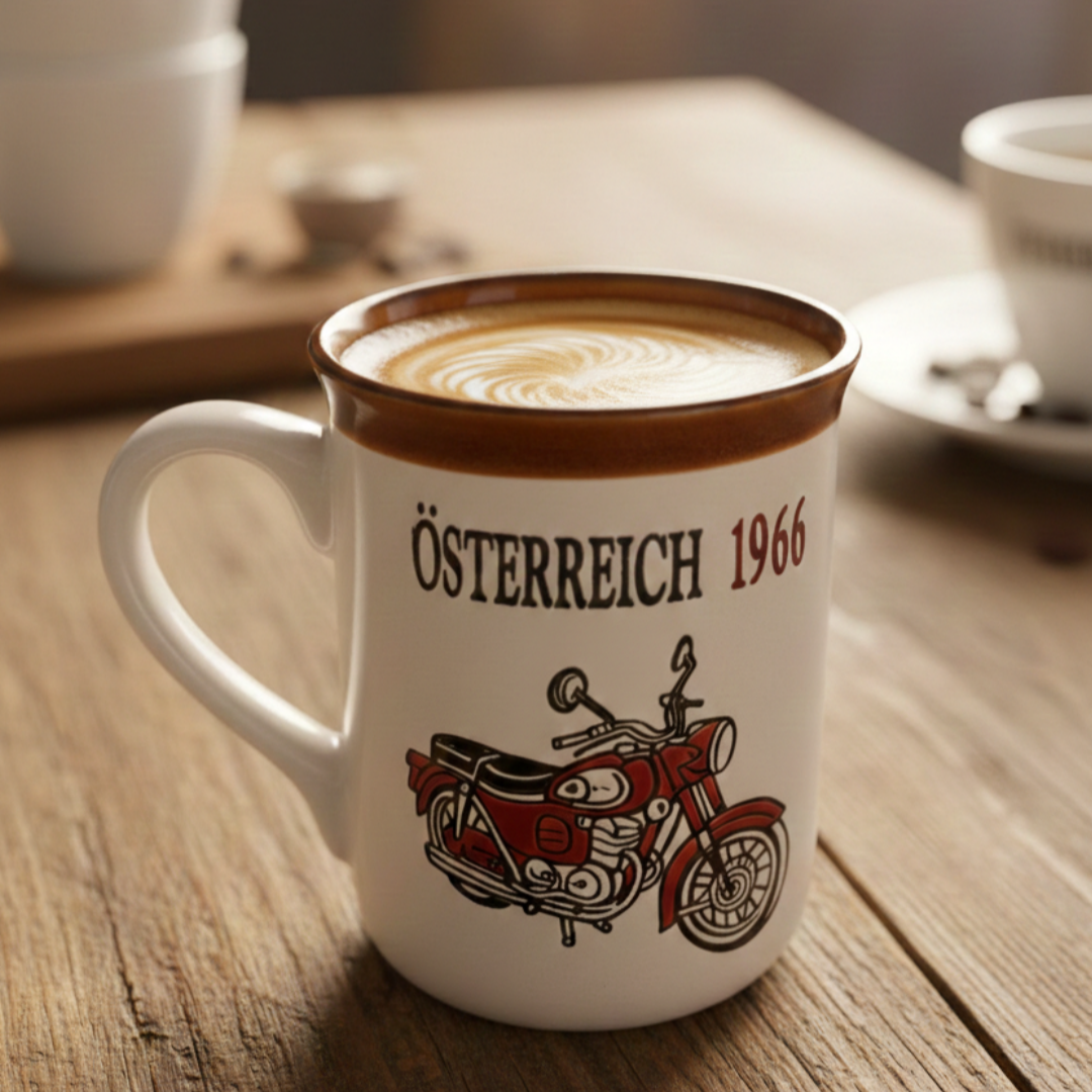 Vintage Osterreich Motorcycle Mug - Retro 1966 Ceramic Coffee Cup 310ml for Coffee Lovers