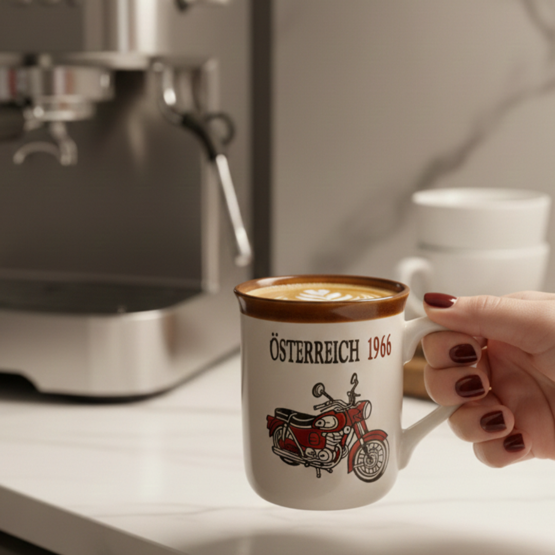 Vintage Osterreich Motorcycle Mug - Retro 1966 Ceramic Coffee Cup 310ml for Coffee Lovers