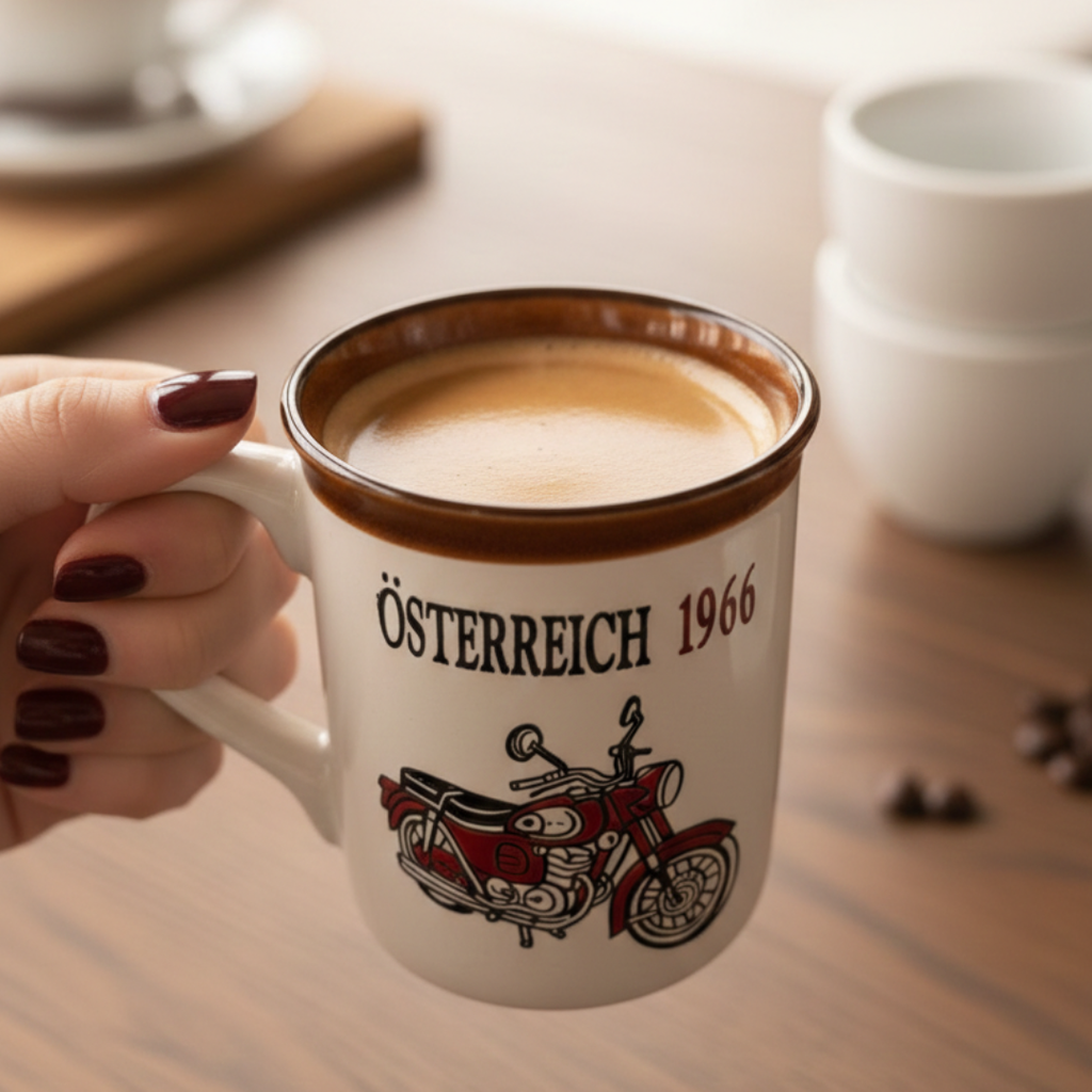 Vintage Osterreich Motorcycle Mug - Retro 1966 Ceramic Coffee Cup 310ml for Coffee Lovers