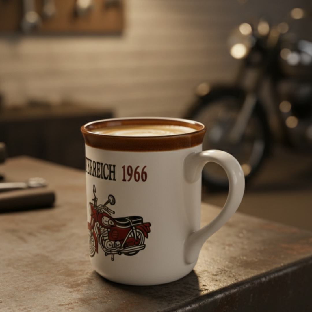 Vintage Osterreich Motorcycle Mug - Retro 1966 Ceramic Coffee Cup 310ml for Coffee Lovers