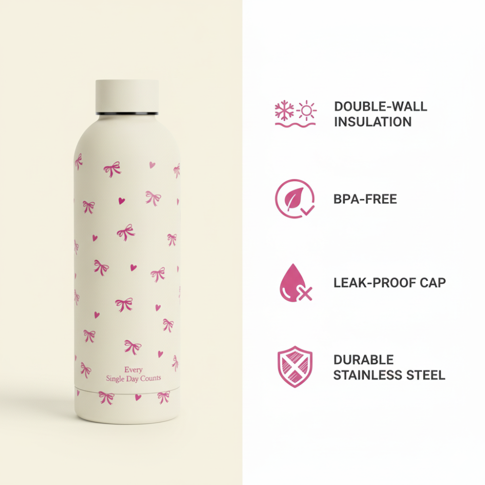 Creamy Bow Stainless Steel Bottle - Premium Insulated Water Bottle