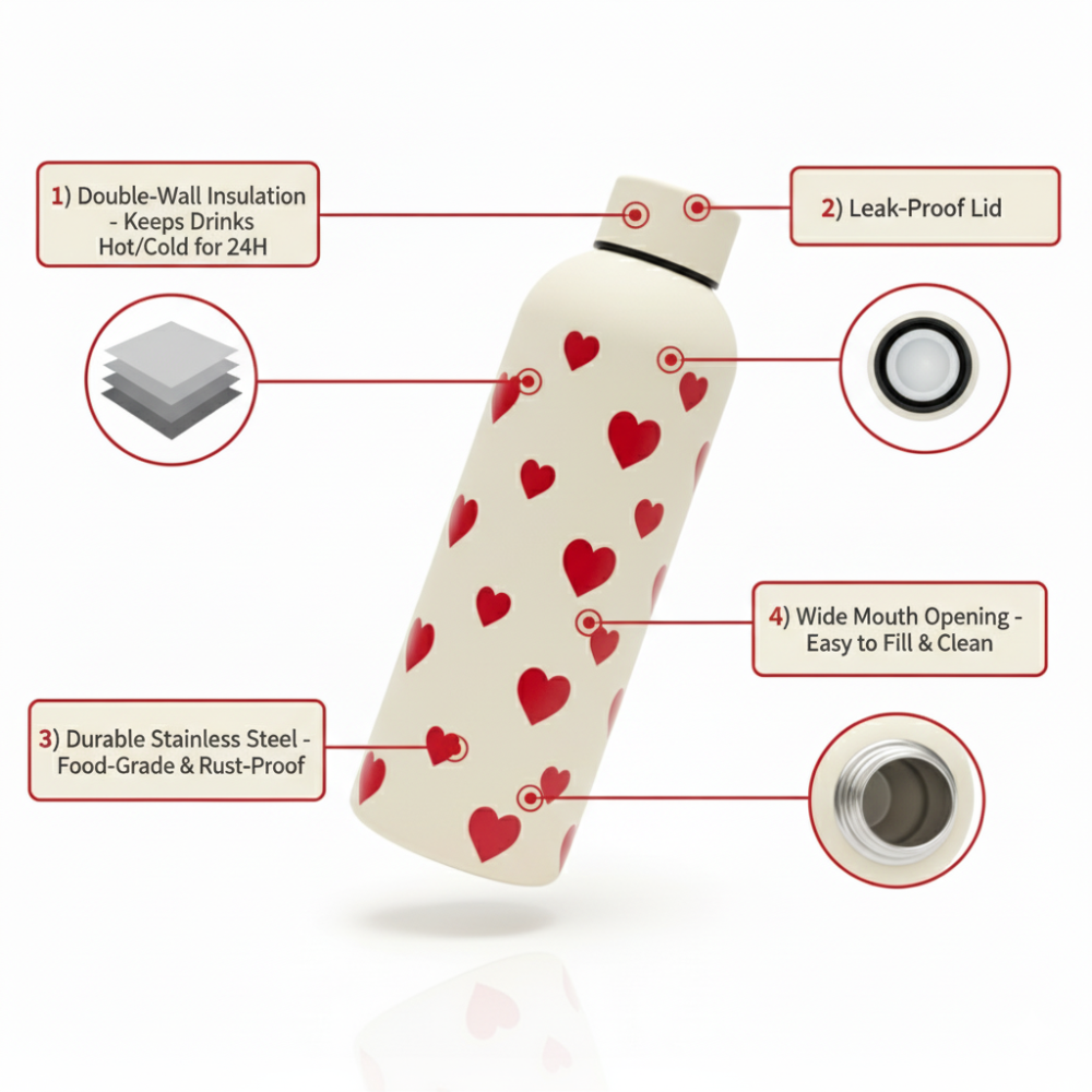 Heart Stainless Steel Bottle - Premium Insulated Water Bottle