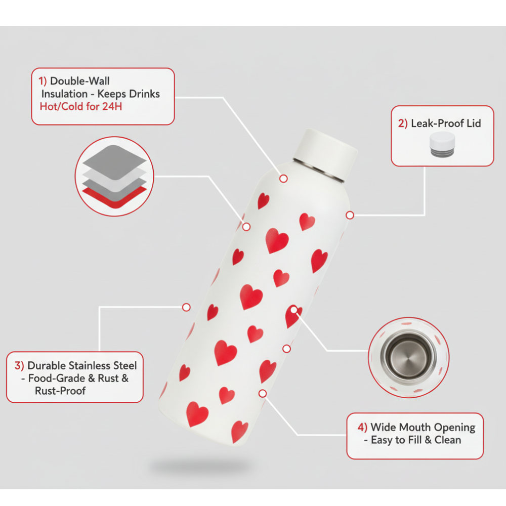 Heart Stainless Steel Bottle - Premium Insulated Water Bottle