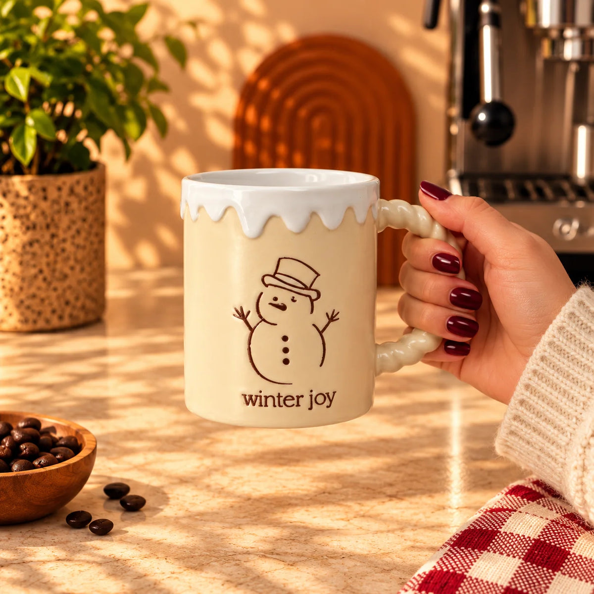 Christmas Winter Joy Snowman Mug, Cream with Twisted Handle, 350ml – view 2