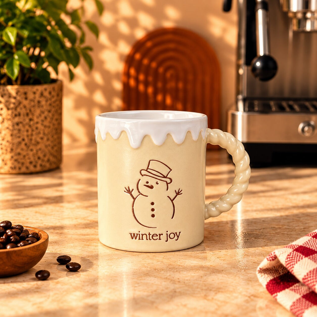 Christmas Winter Joy Snowman Mug, Cream with Twisted Handle, 350ml by Gifteila