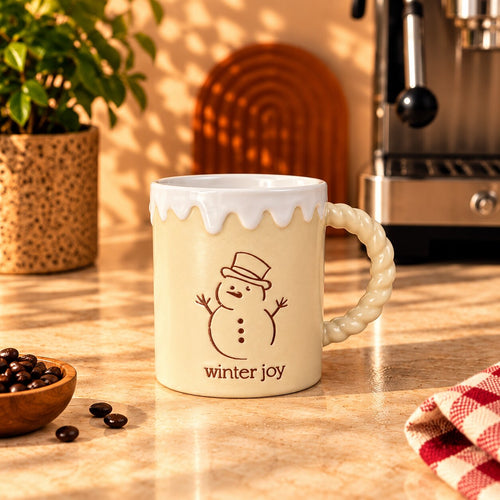 Christmas Winter Joy Snowman Mug, Cream with Twisted Handle, 350ml by Gifteila