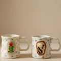Ivory & Botanical Ceramic Mug Bundle – Handcrafted Floral Coffee Cups (Set of 2) - Gifteila