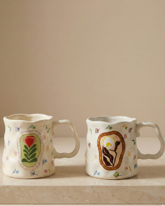 Ivory & Botanical Ceramic Mug Bundle – Handcrafted Floral Coffee Cups (Set of 2)