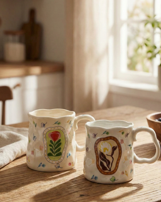 Ivory & Botanical Ceramic Mug Bundle – Handcrafted Floral Coffee Cups (Set of 2)