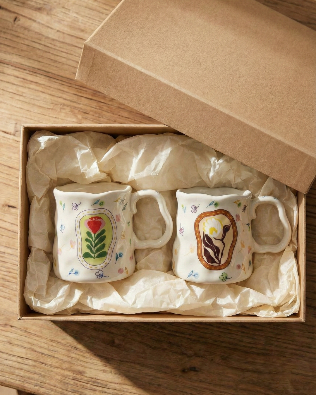 Ivory & Botanical Ceramic Mug Bundle – Handcrafted Floral Coffee Cups (Set of 2)