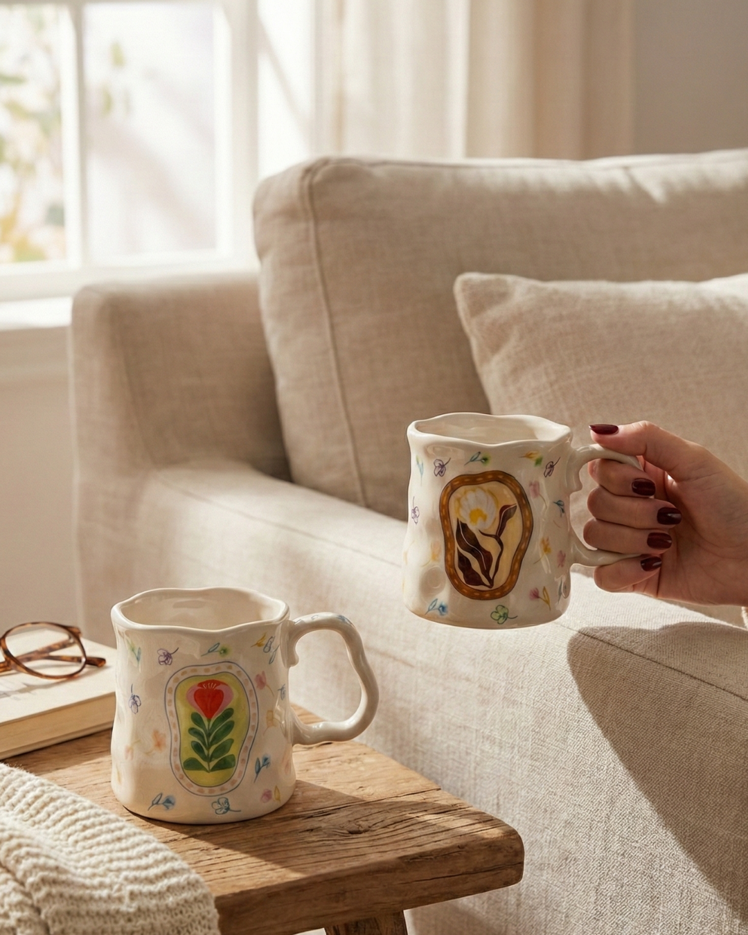 Ivory & Botanical Ceramic Mug Bundle – Handcrafted Floral Coffee Cups (Set of 2)