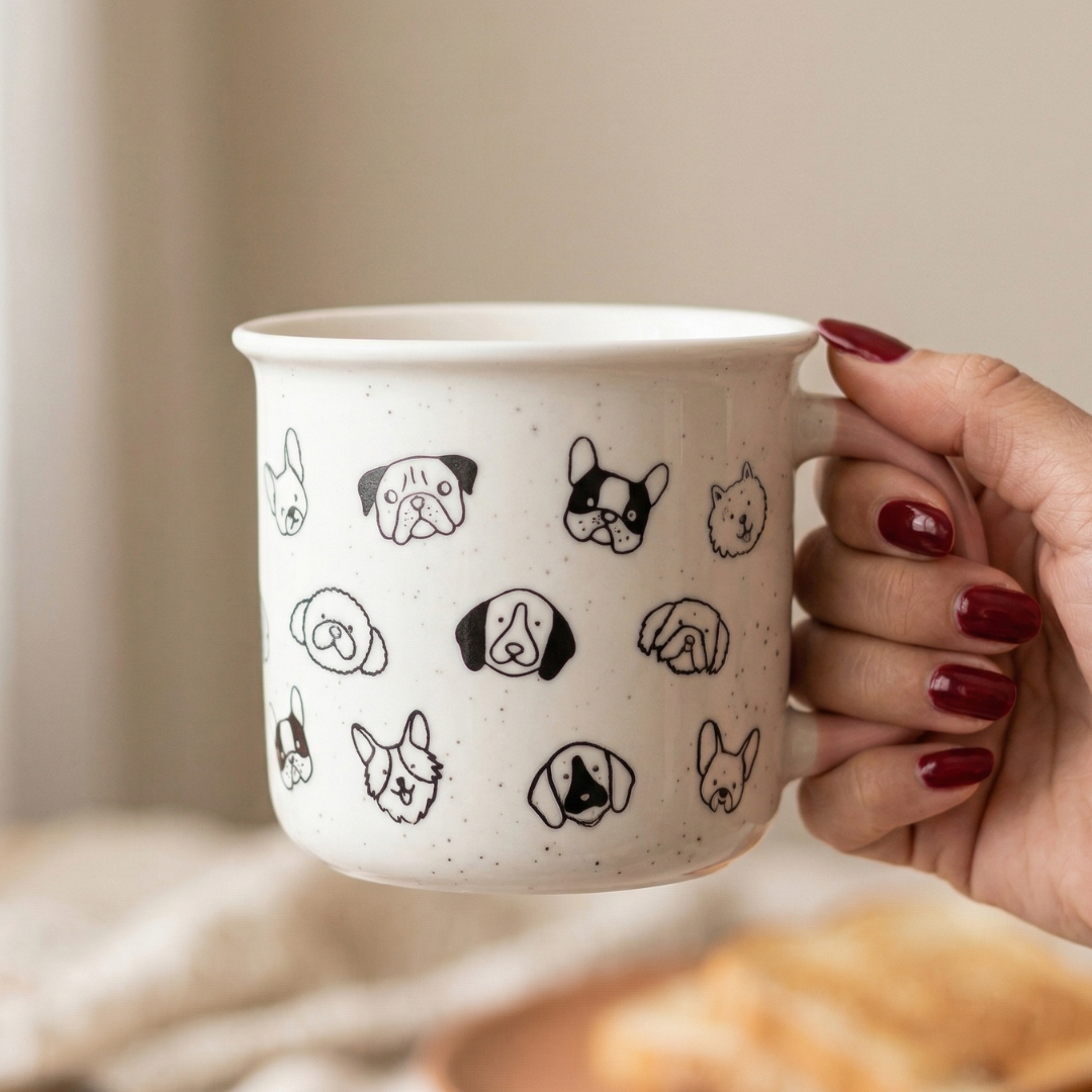 Dog Faces Coffee Mug 310ml with Pink Handle - Perfect Gift for Dog Lovers
