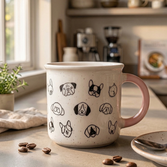 Dog Faces Coffee Mug 310ml with Pink Handle - Perfect Gift for Dog Lovers