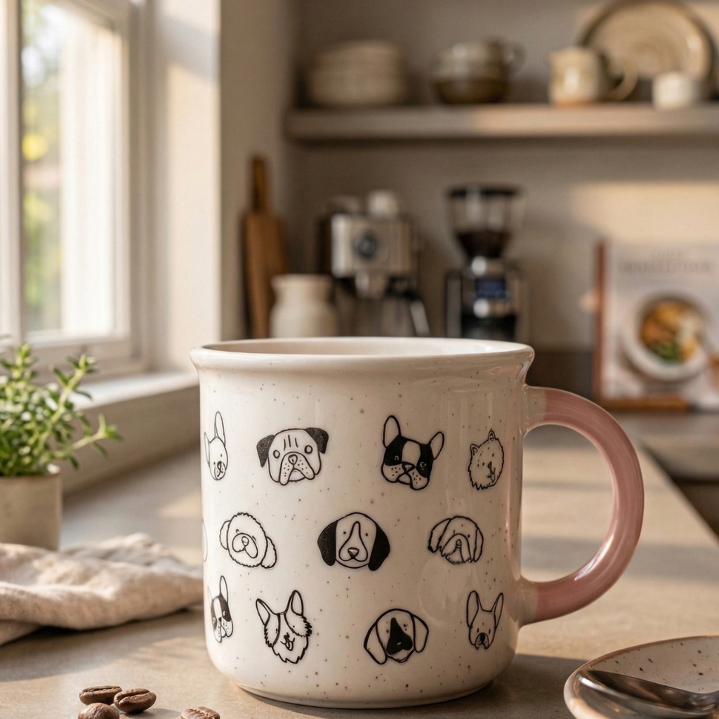 Dog Faces Coffee Mug 310ml with Pink Handle - Perfect Gift for Dog Lovers