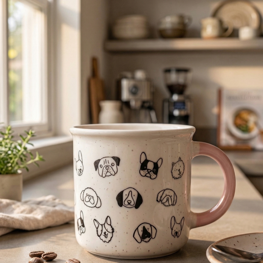 Dog Faces Coffee Mug 310ml with Pink Handle - Perfect Gift for Dog Lovers