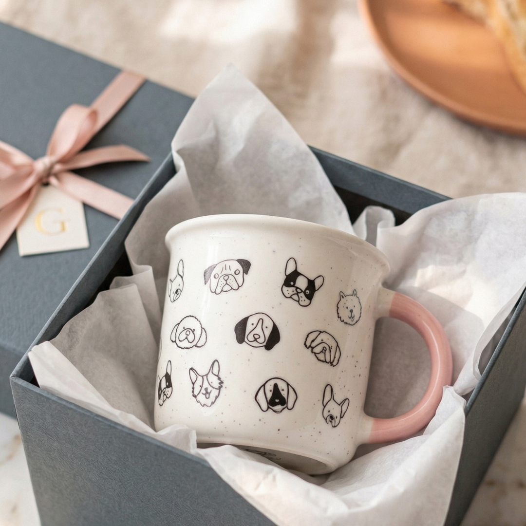 Dog Faces Coffee Mug 310ml with Pink Handle - Perfect Gift for Dog Lovers