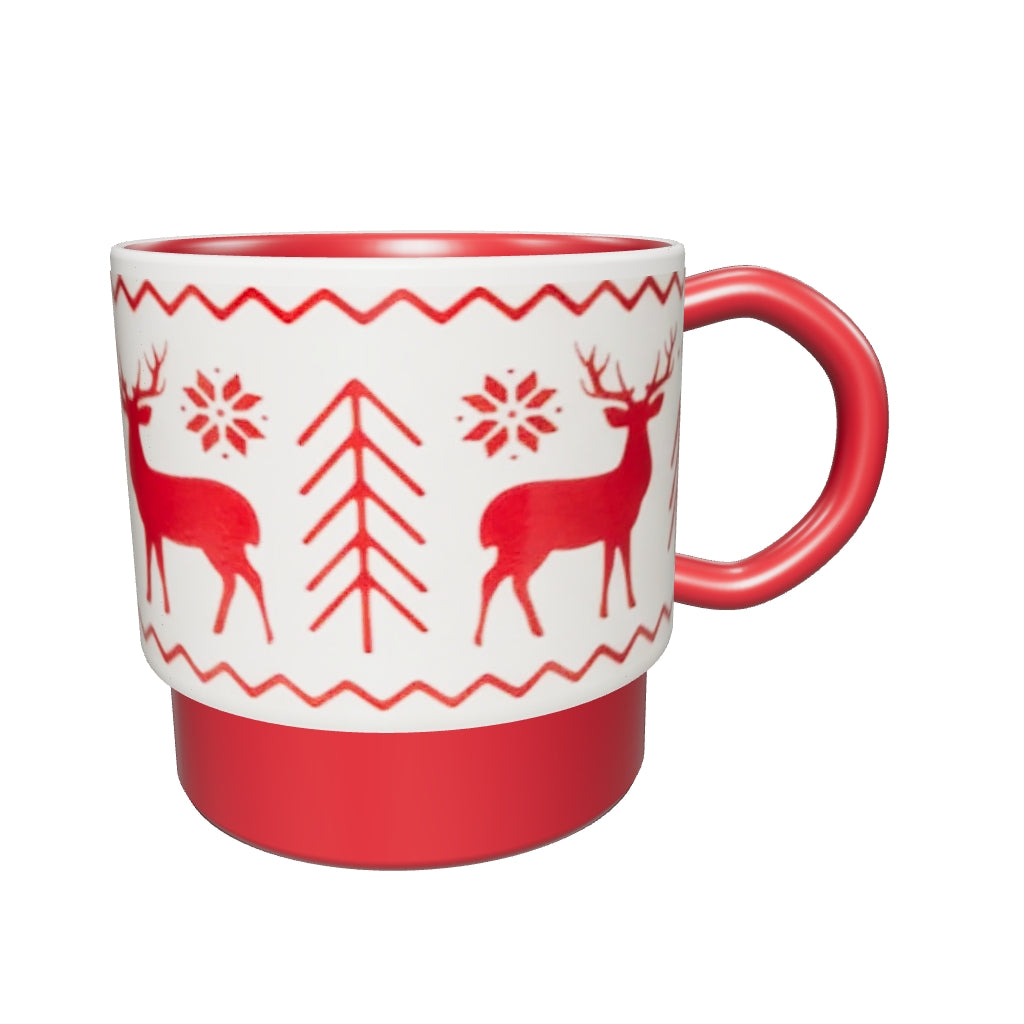 3D view – Red & White Reindeer Mug, 9 cm wide × 9 cm high