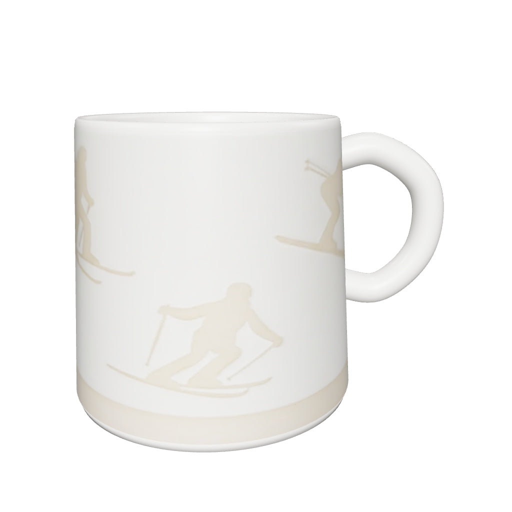 3D view – White Ski Silhouette Mug, 9 cm wide × 10 cm high