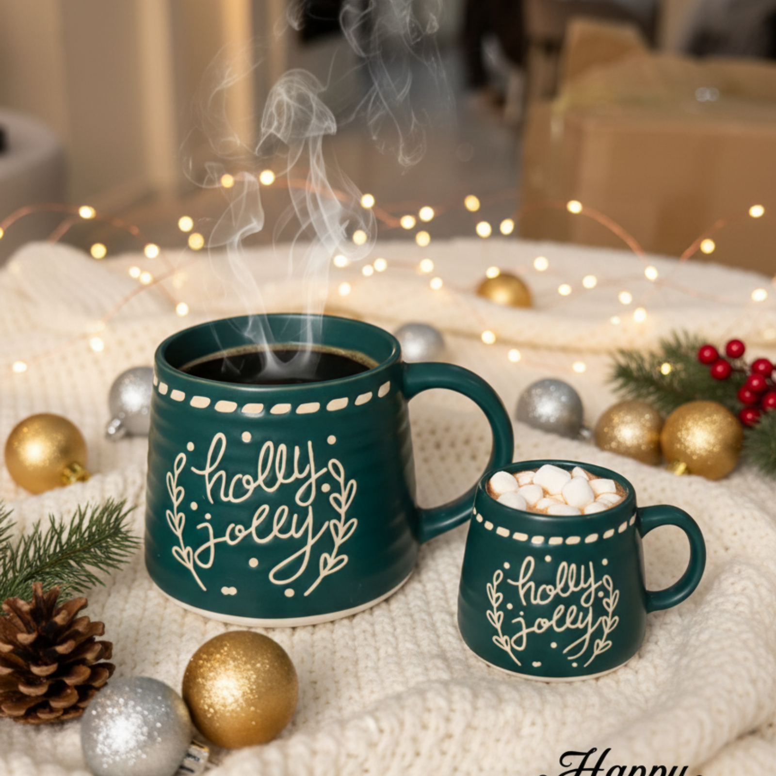 Handmade Holly Jolly Mug Set - Festive Ceramic Drinkware Collection