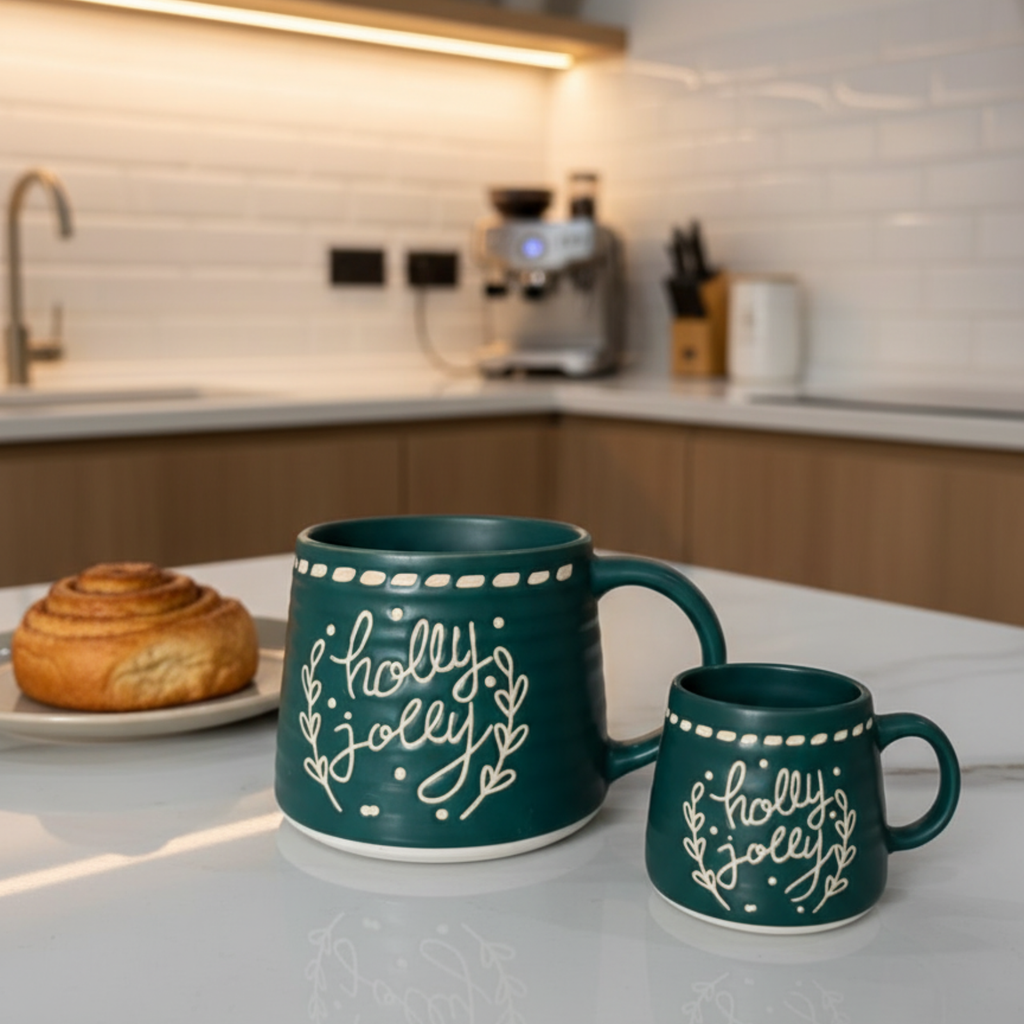 Handmade Holly Jolly Mug Set - Festive Ceramic Drinkware Collection